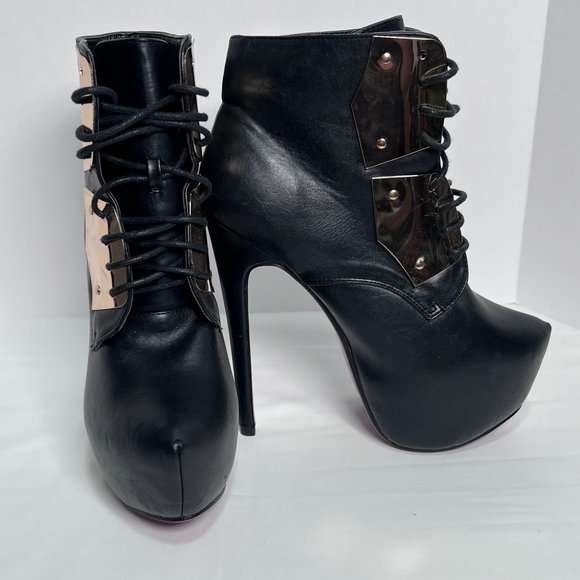 Cleopatra Magda 6 inch Heel Platform‎ Booties Sz 7 Black Lace up Gold Plate - Picture 12 of 14